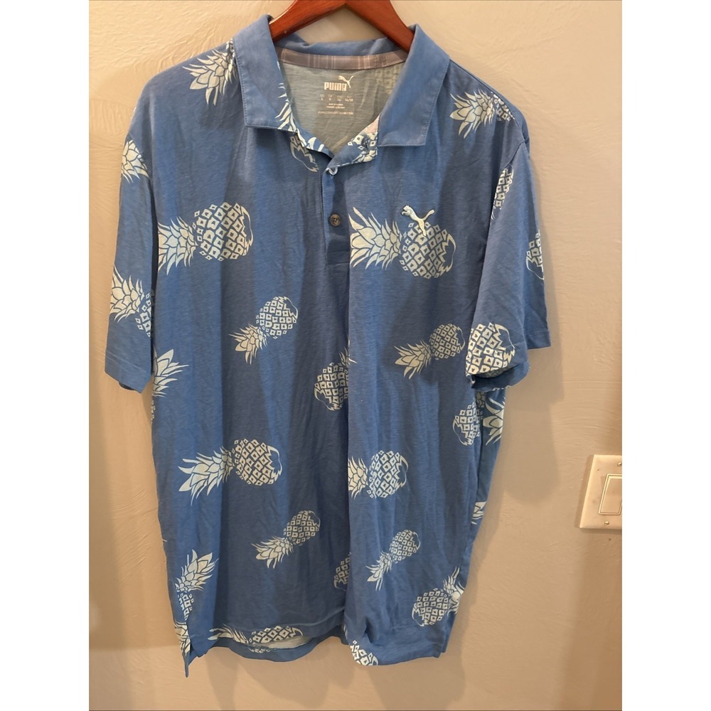 PUMA Polo Shirt Adult XL Blue All Over Pineapple Print Golf‎ Short Sleeve Mens